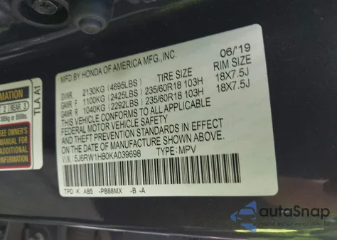 2019 Honda Cr-V Ex-L from USA, damaged, VIN 5J6RW1H80KA039698